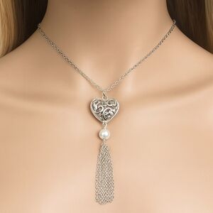 Women Silver Tassel Necklace -  Bead Filigree 3D Heart Statement 34-inch Jewelry